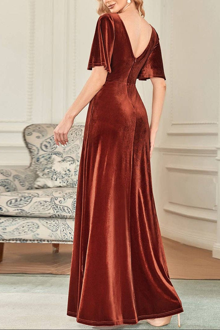 Velvet Flutter Sleeve Evening Gown