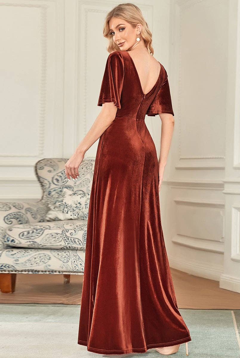 Velvet Flutter Sleeve Evening Gown