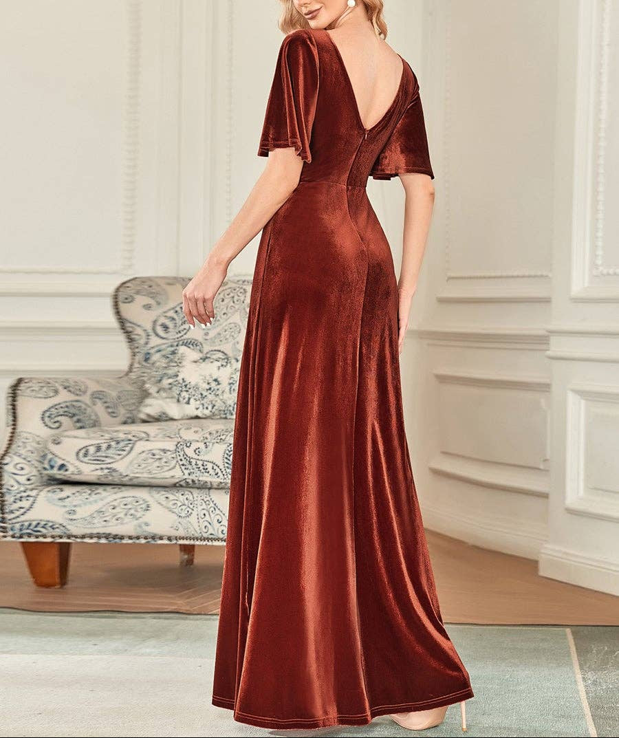Velvet Flutter Sleeve Evening Gown