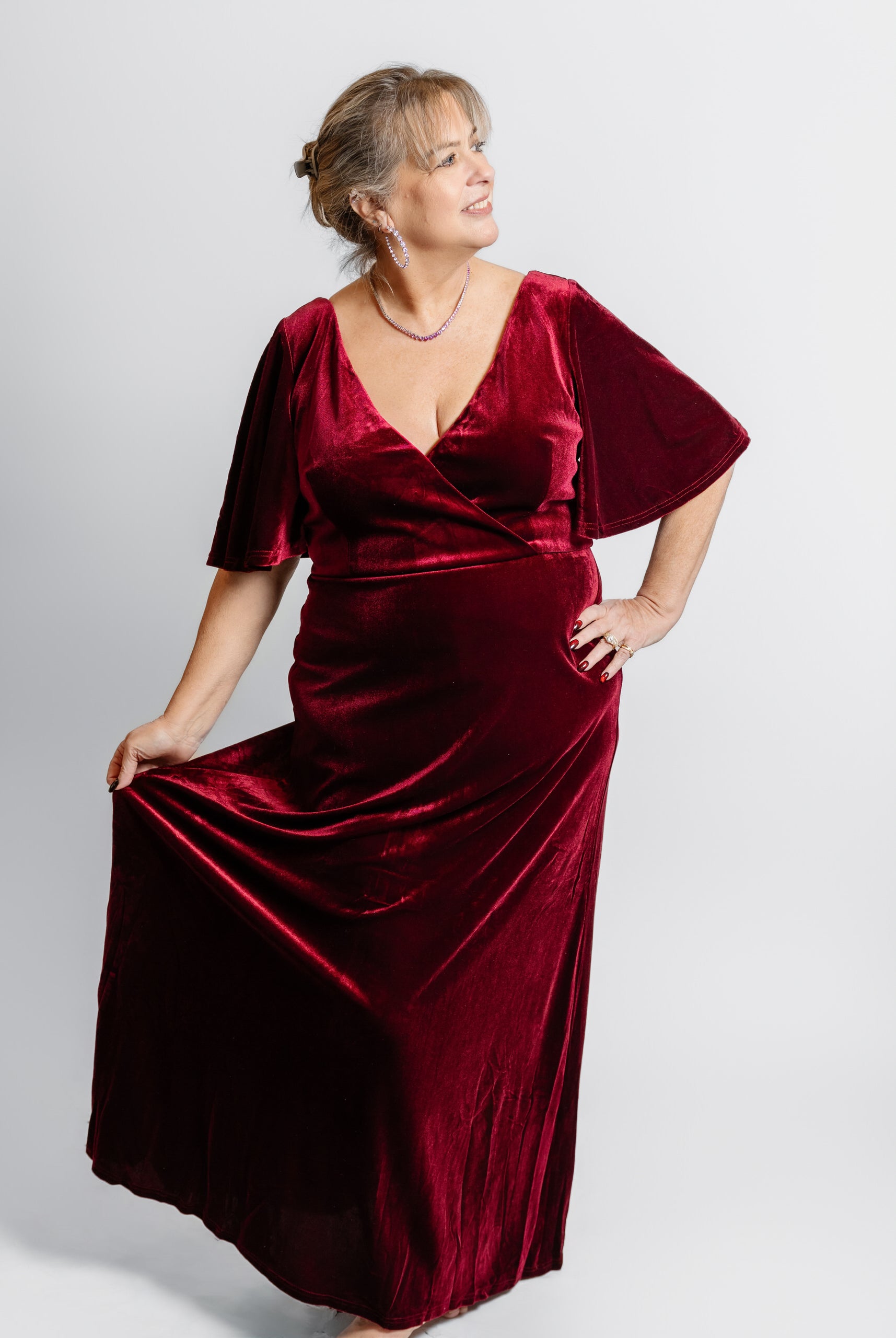 Velvet Flutter Sleeve Evening Gown