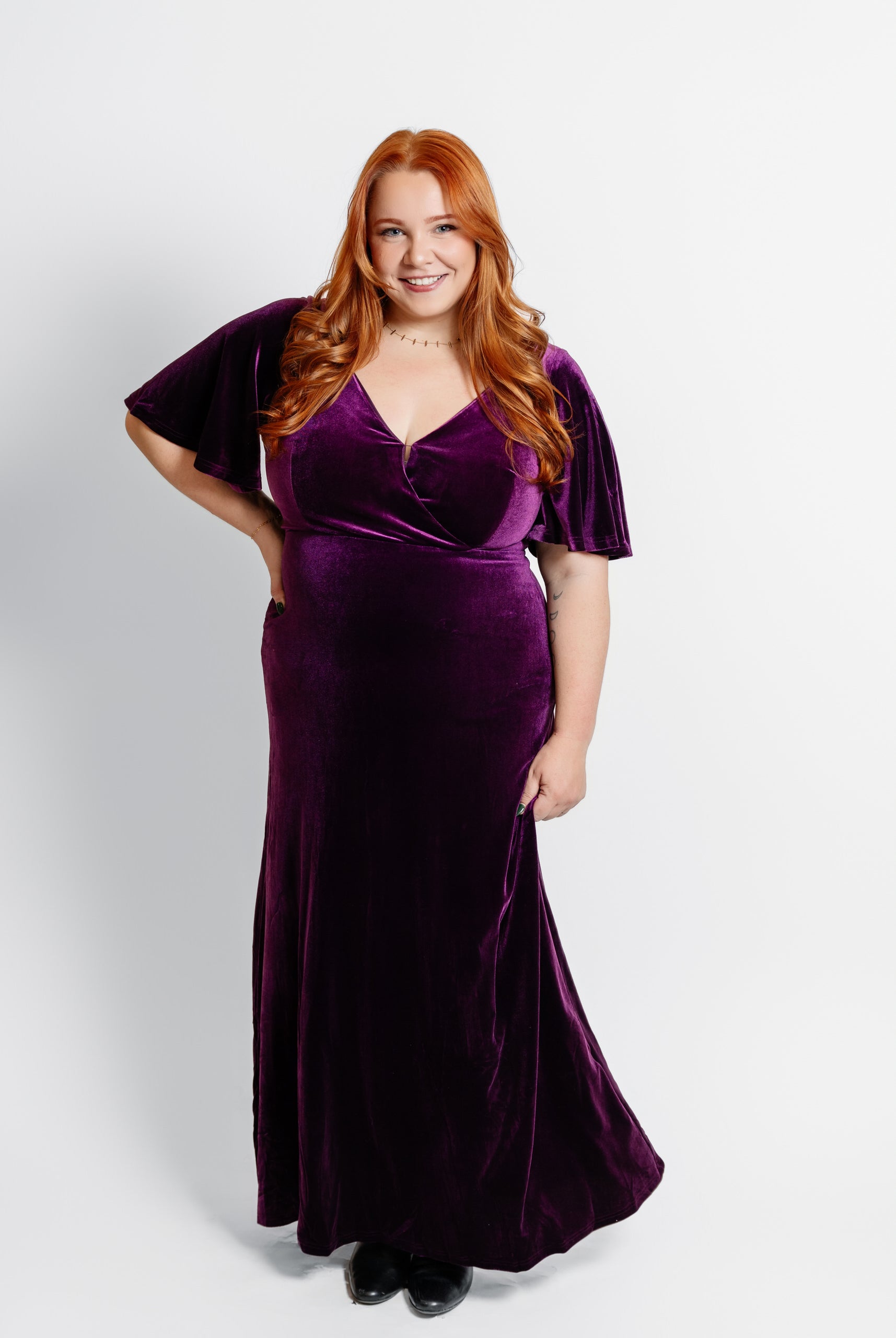 Velvet Flutter Sleeve Evening Gown