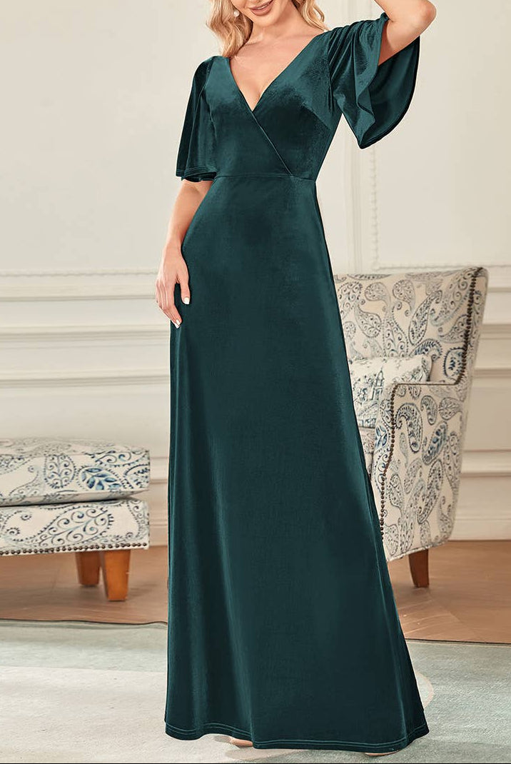 Velvet Flutter Sleeve Evening Gown