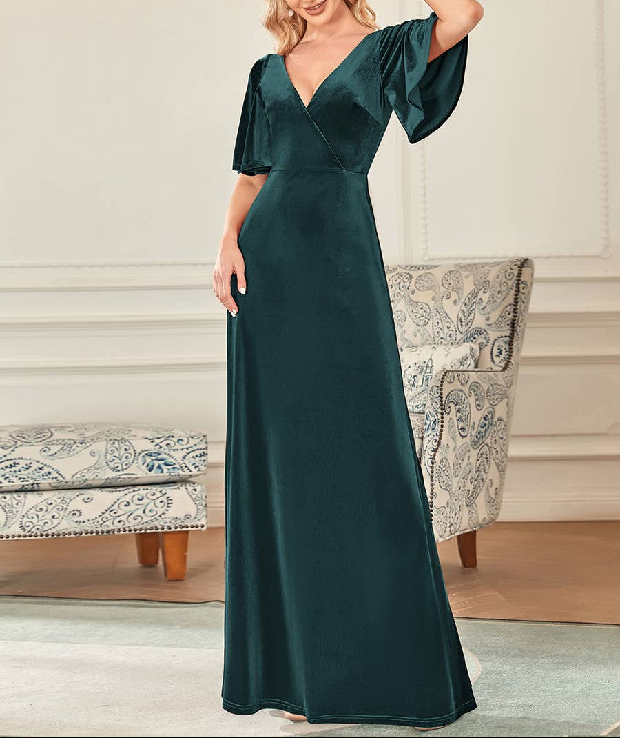 Velvet Flutter Sleeve Evening Gown