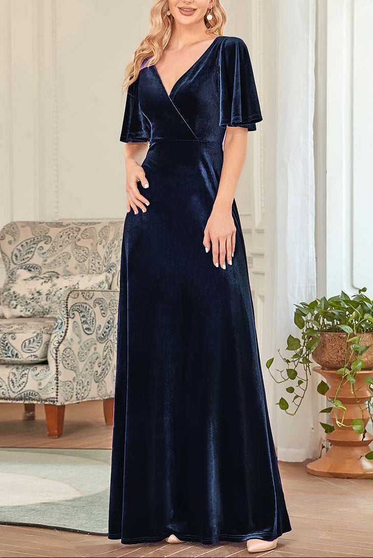 Velvet Flutter Sleeve Evening Gown