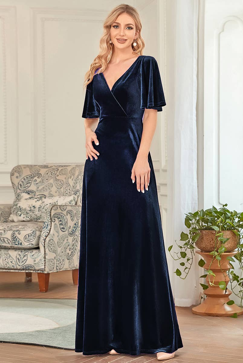 Velvet Flutter Sleeve Evening Gown