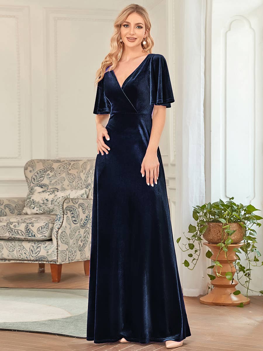 Velvet Flutter Sleeve Evening Gown