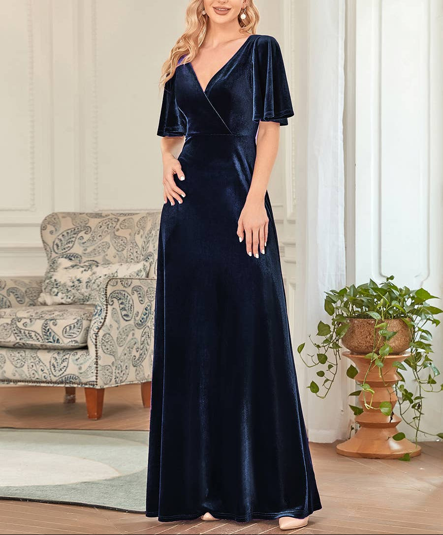Velvet Flutter Sleeve Evening Gown