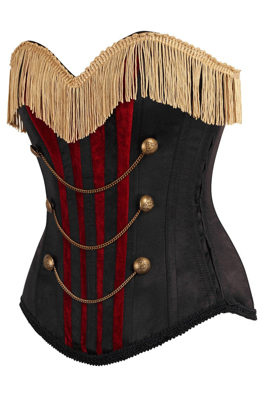 Top Drawer Black/Dark Red Steel Boned Corset w/Gold Fringe
