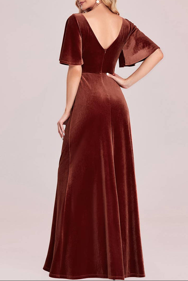Velvet Flutter Sleeve Evening Gown