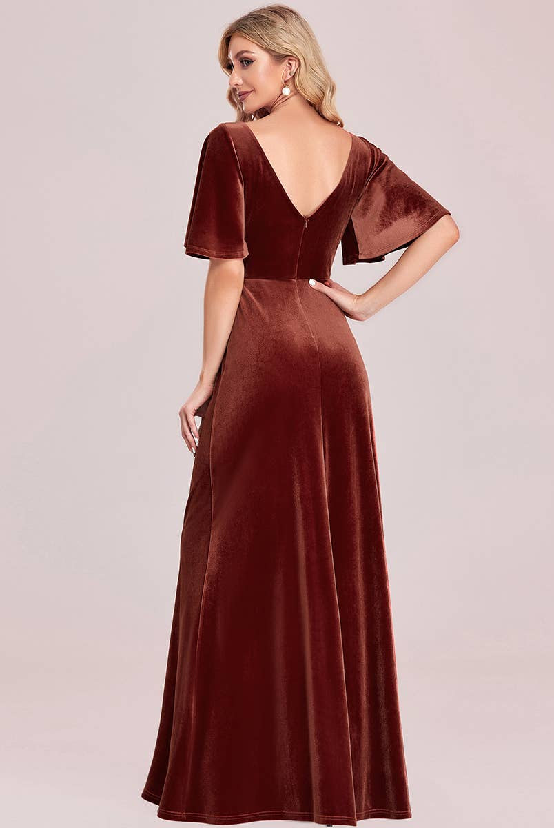 Velvet Flutter Sleeve Evening Gown