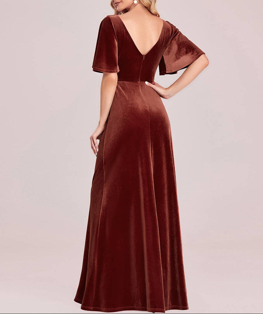 Velvet Flutter Sleeve Evening Gown