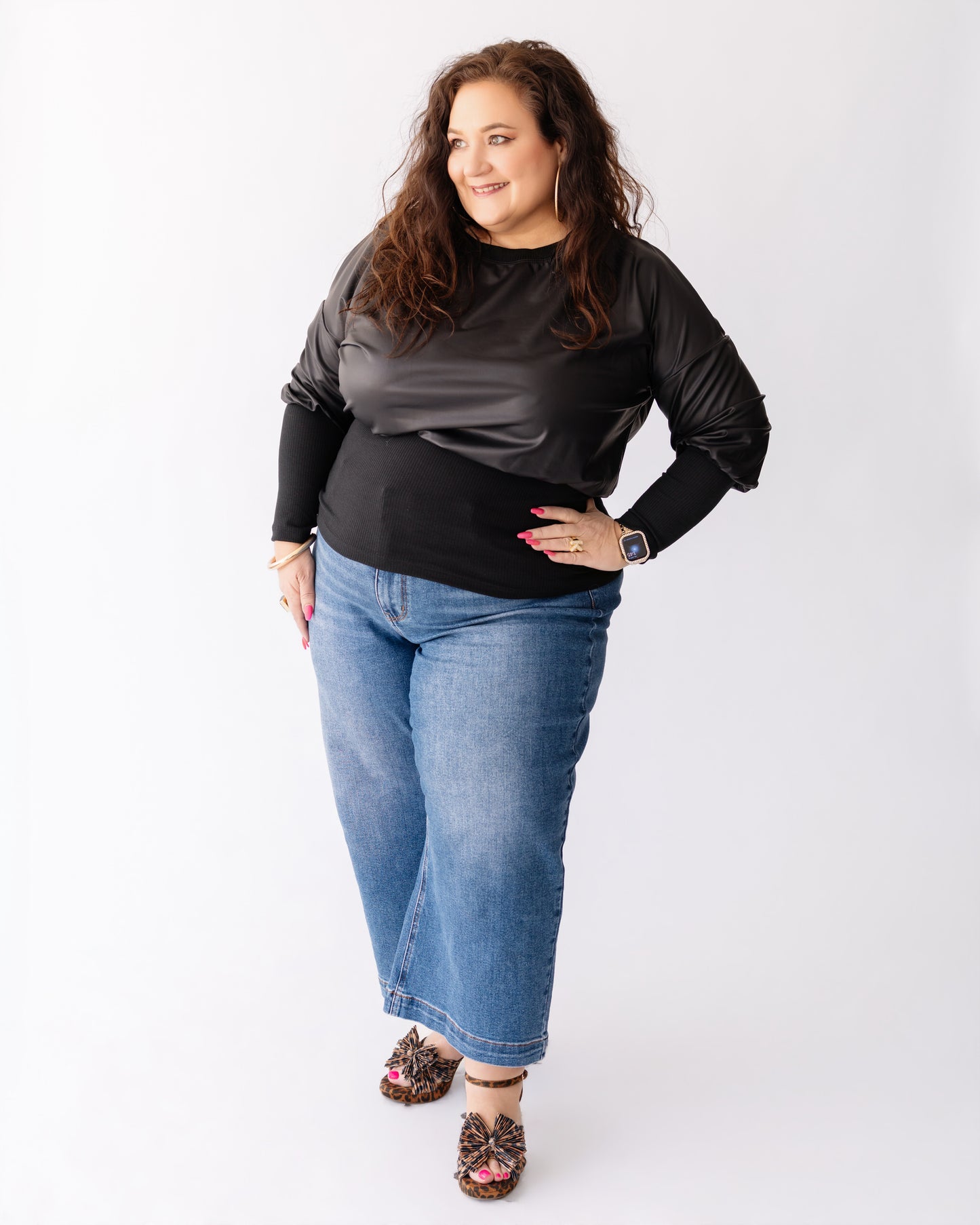 Vegan Leather Top with Rib Banded Bottom