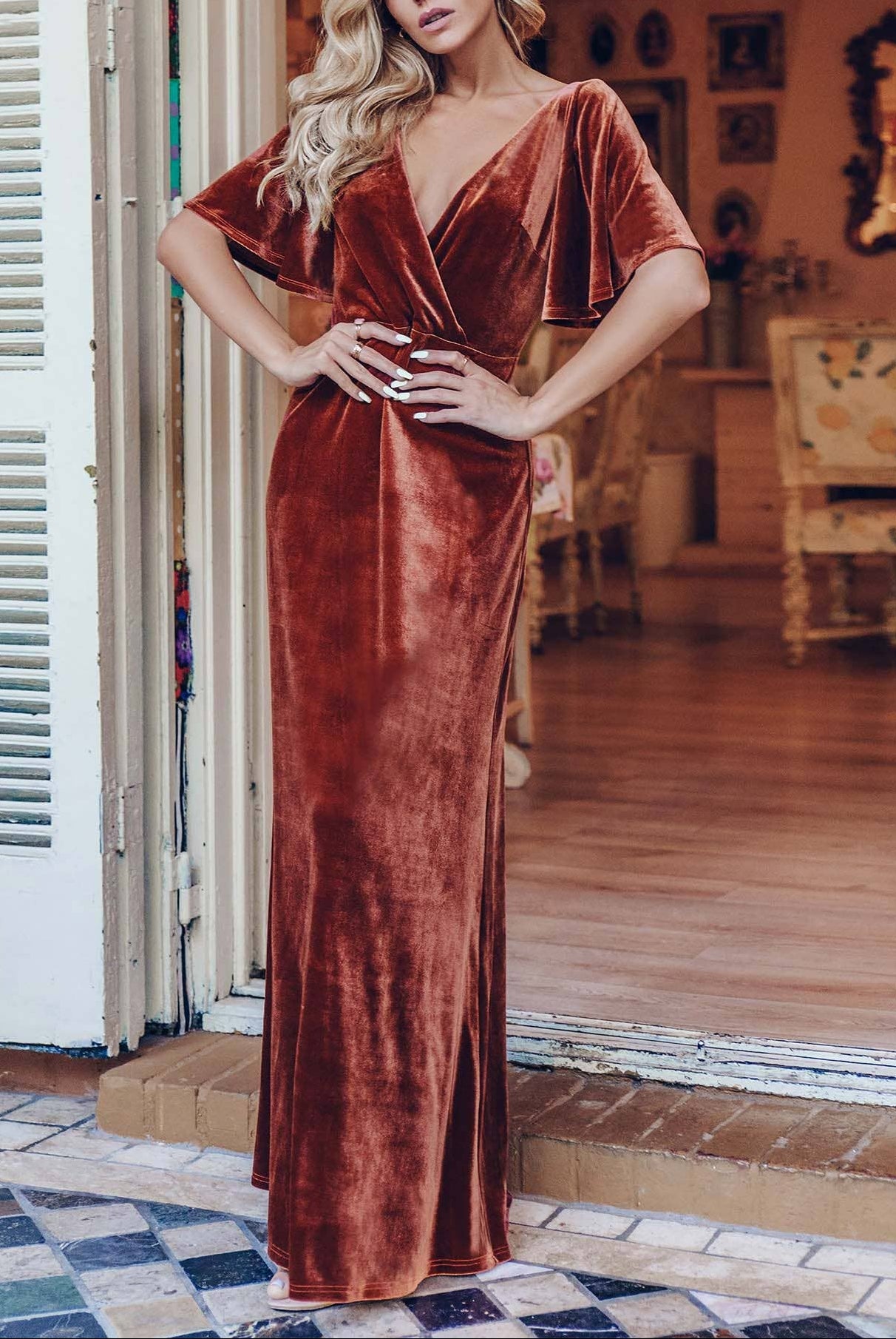 Velvet Flutter Sleeve Evening Gown