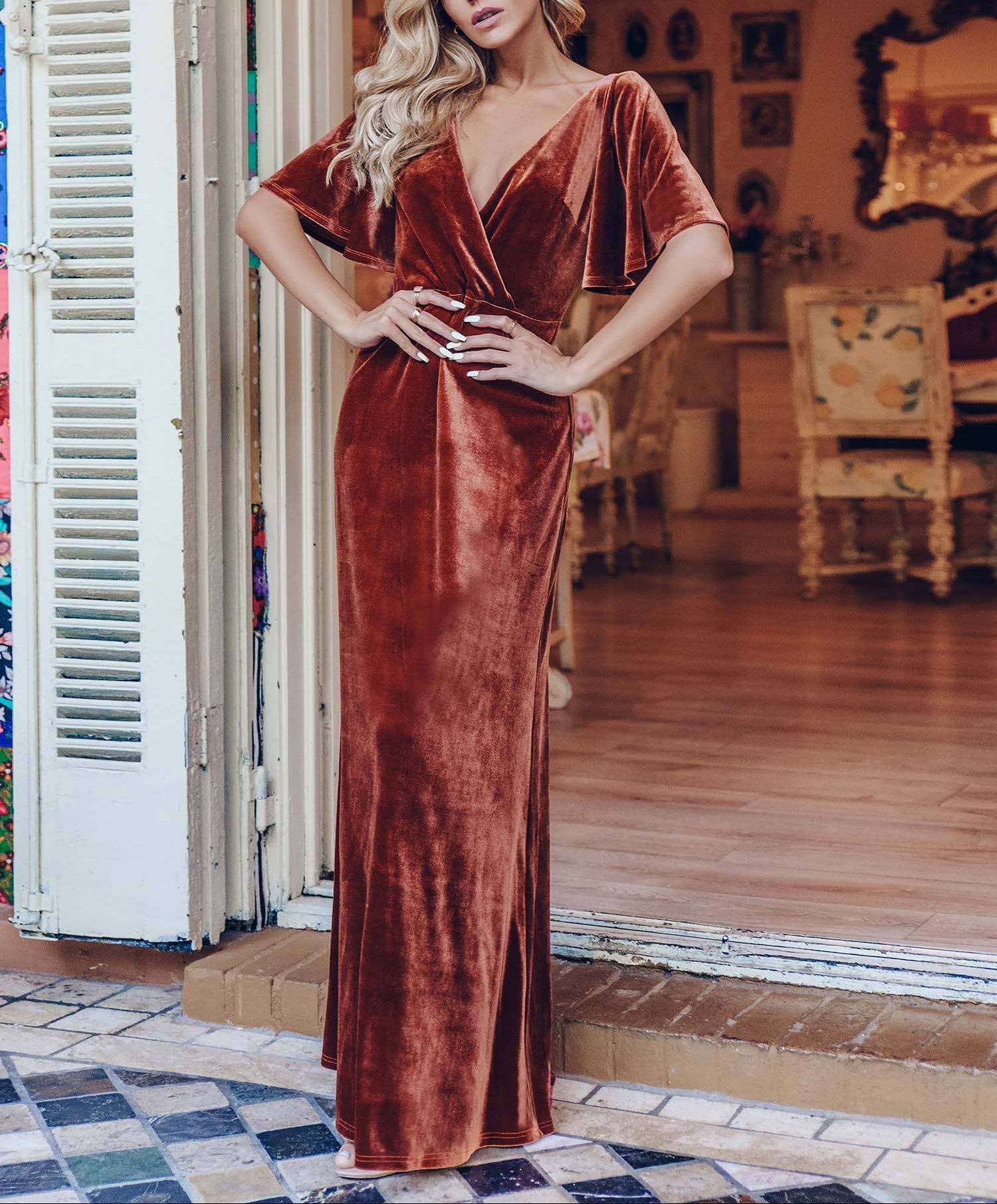 Velvet Flutter Sleeve Evening Gown