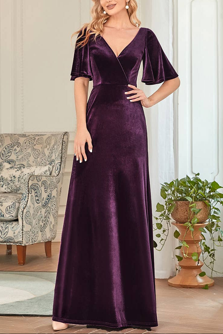 Velvet Flutter Sleeve Evening Gown