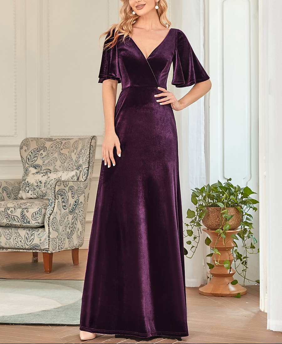 Velvet Flutter Sleeve Evening Gown