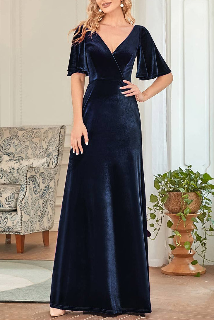 Velvet Flutter Sleeve Evening Gown