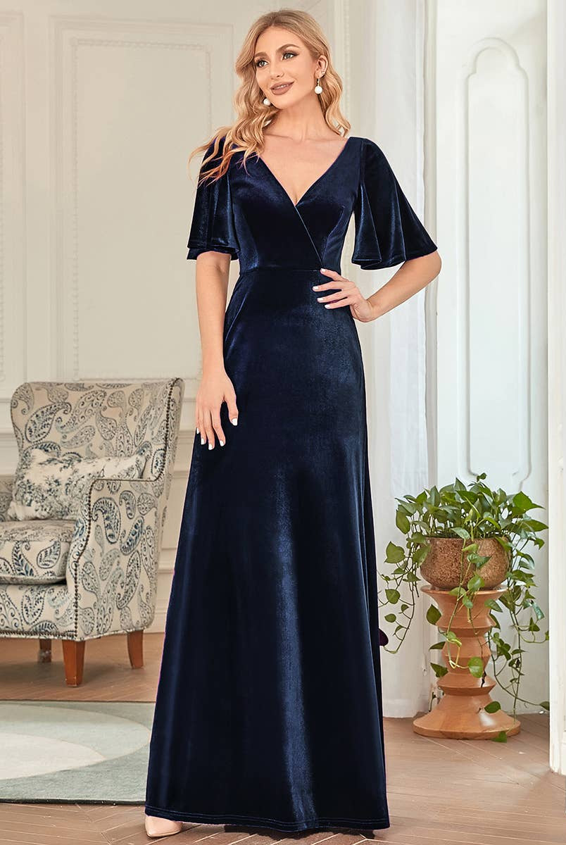 Velvet Flutter Sleeve Evening Gown