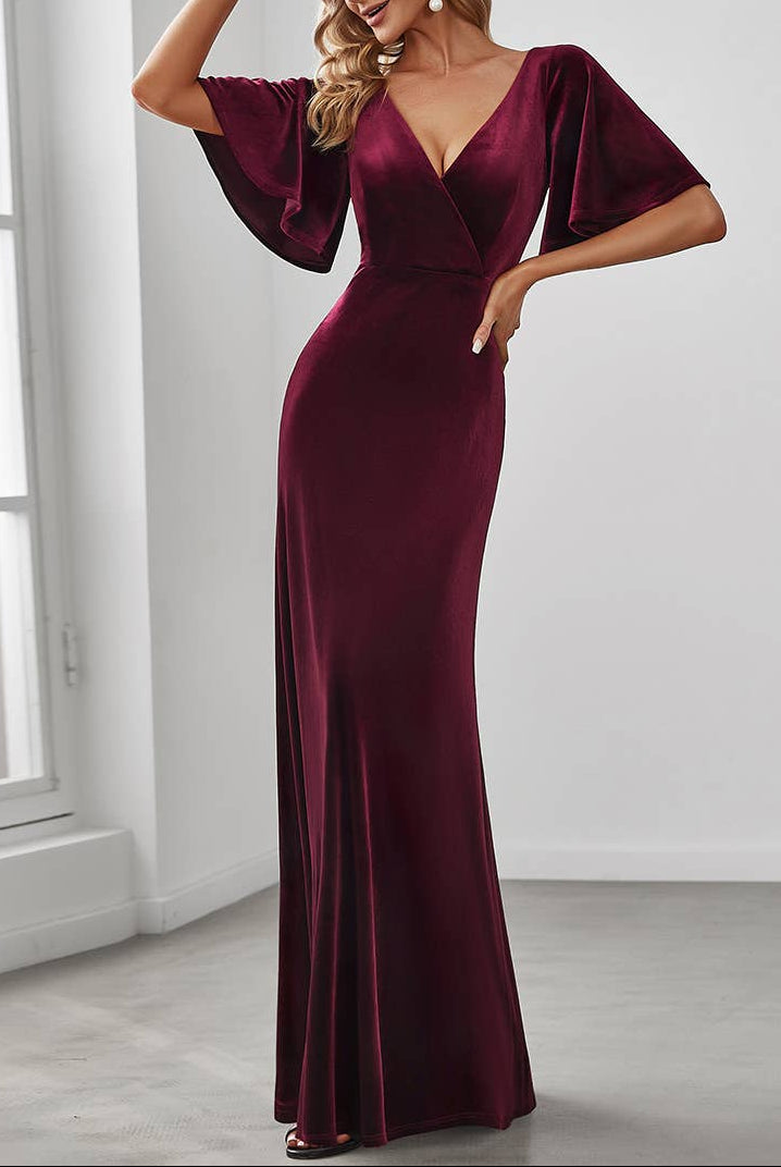 Velvet Flutter Sleeve Evening Gown