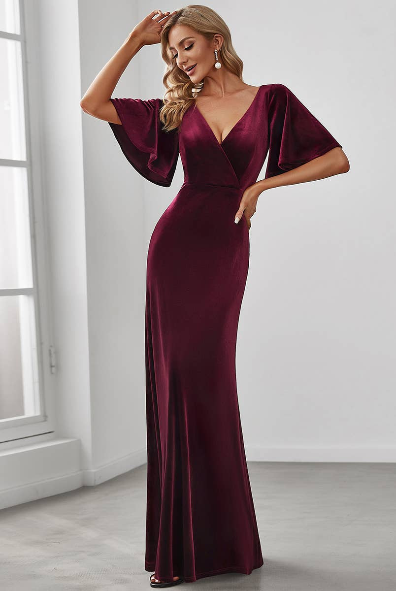 Velvet Flutter Sleeve Evening Gown