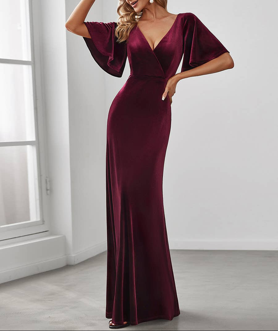 Velvet Flutter Sleeve Evening Gown