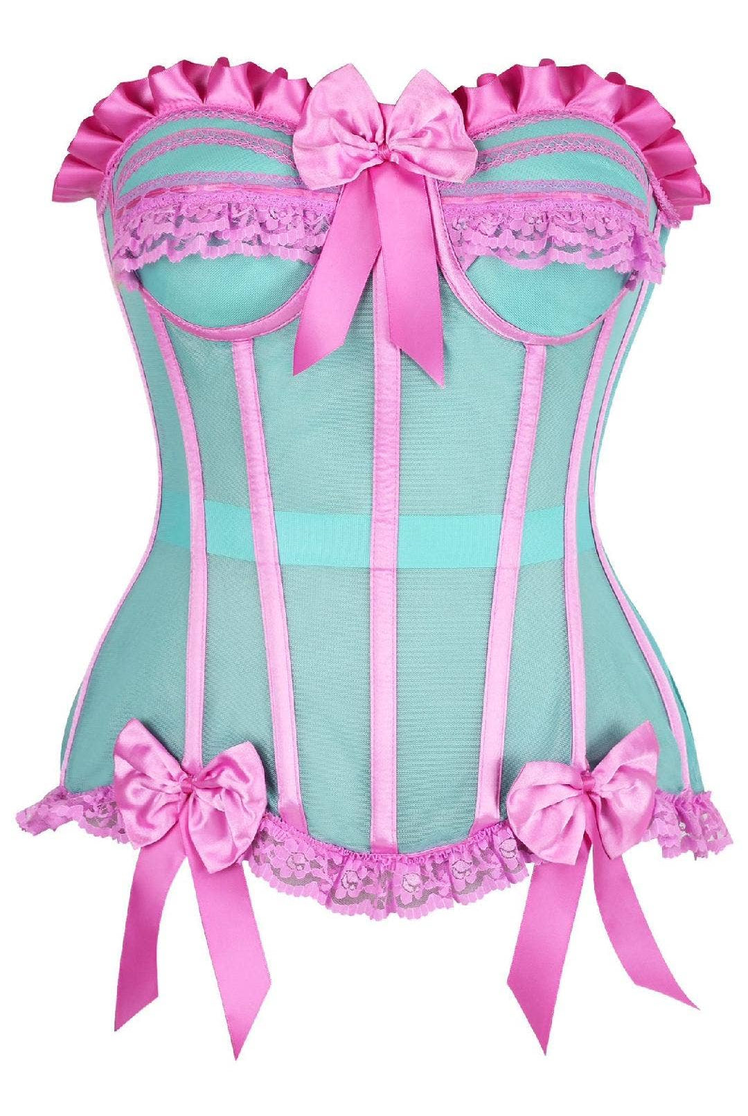 Top Drawer Steel Boned Mint/Pink Mesh Underwire Bustier Corset