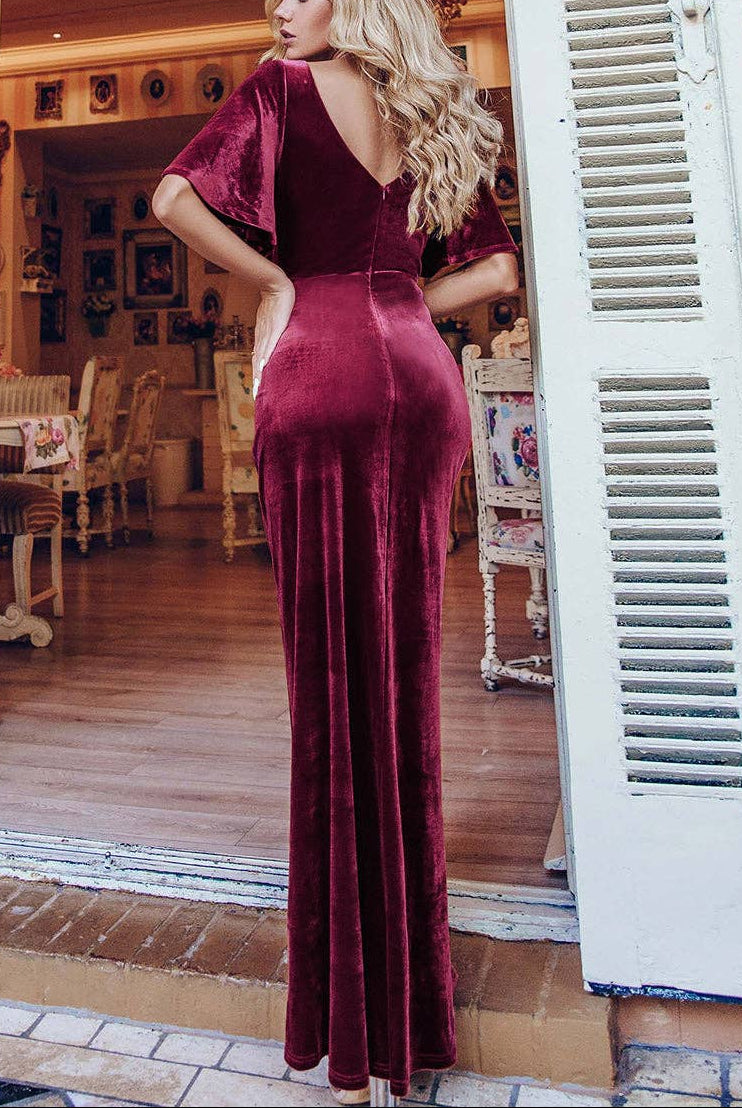 Velvet Flutter Sleeve Evening Gown