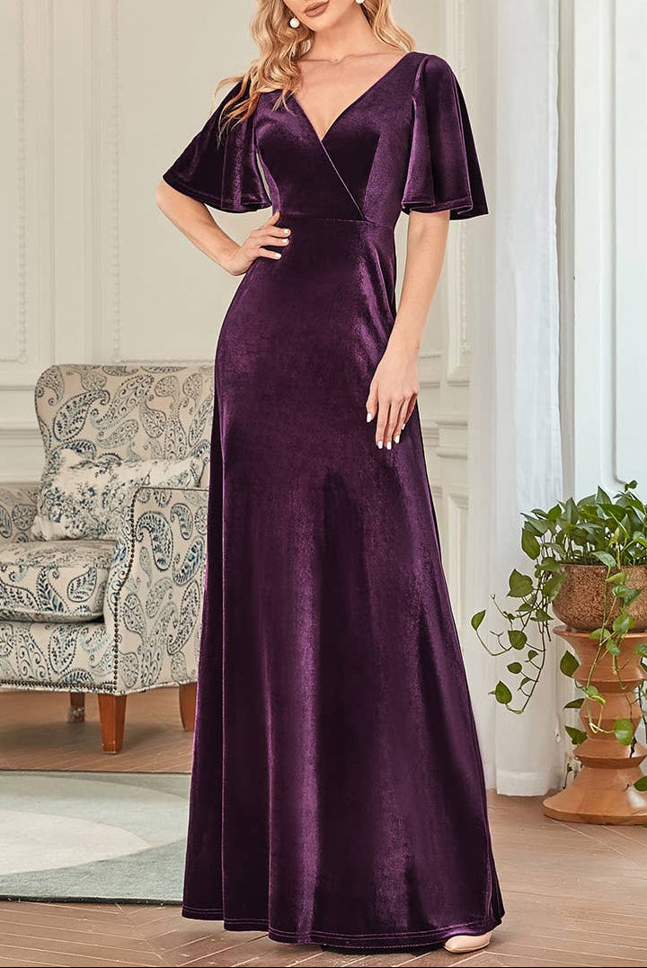 Velvet Flutter Sleeve Evening Gown