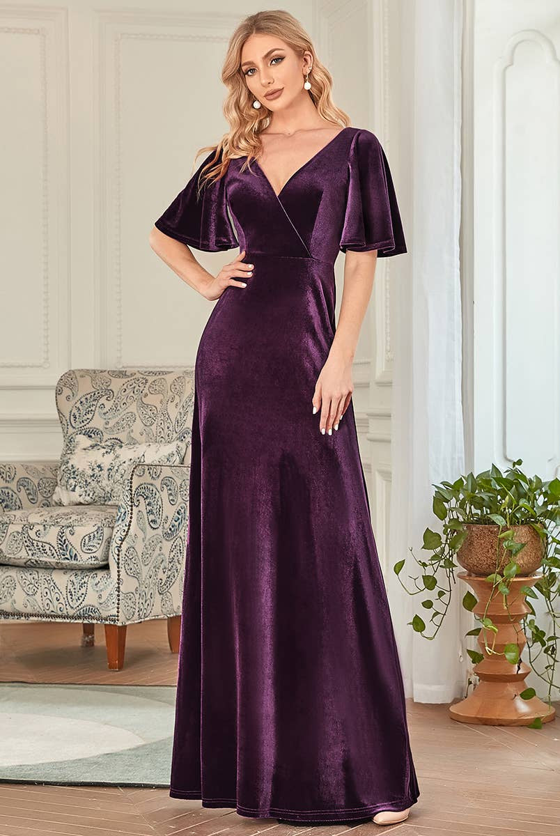 Velvet Flutter Sleeve Evening Gown