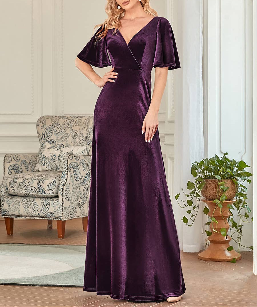 Velvet Flutter Sleeve Evening Gown