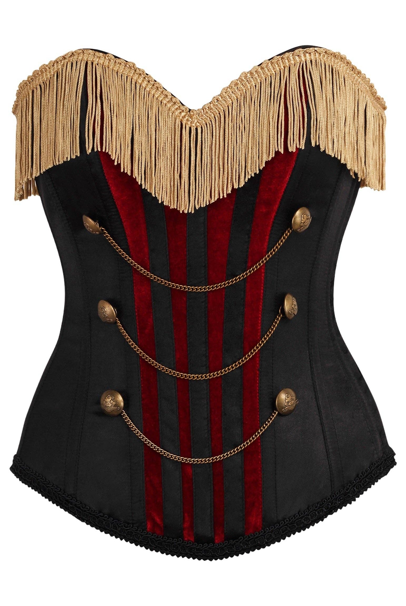 Top Drawer Black/Dark Red Steel Boned Corset w/Gold Fringe
