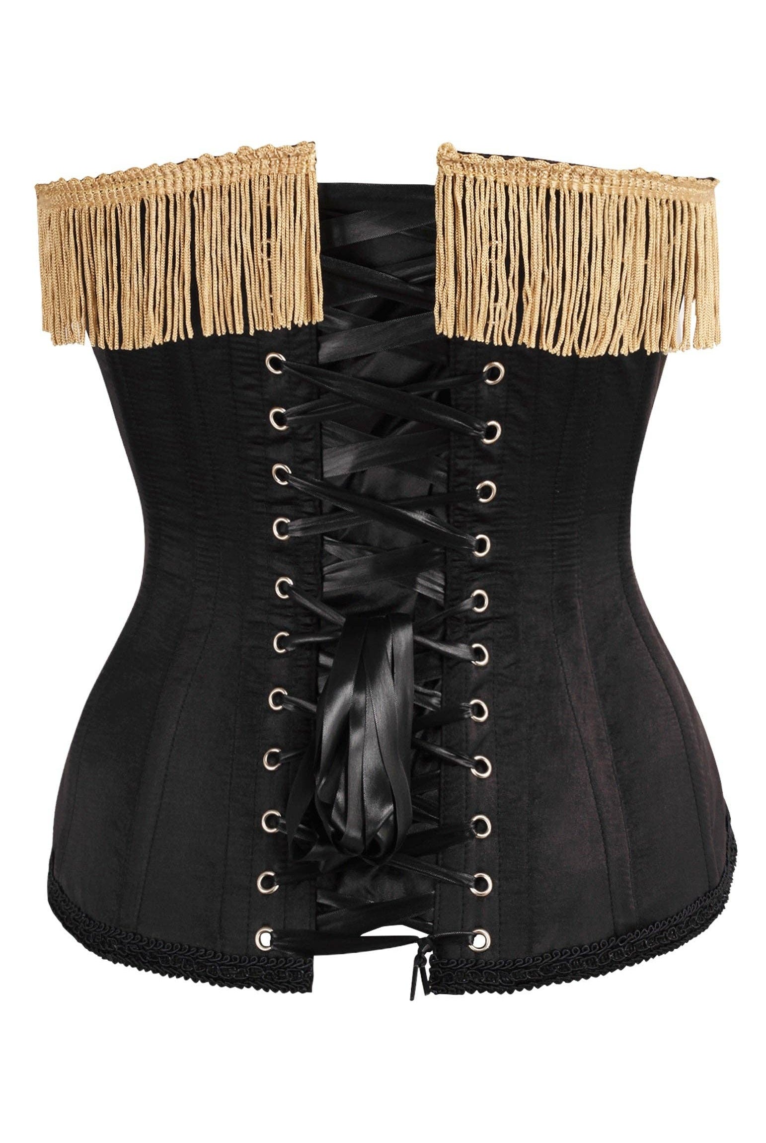 Top Drawer Black/Dark Red Steel Boned Corset w/Gold Fringe