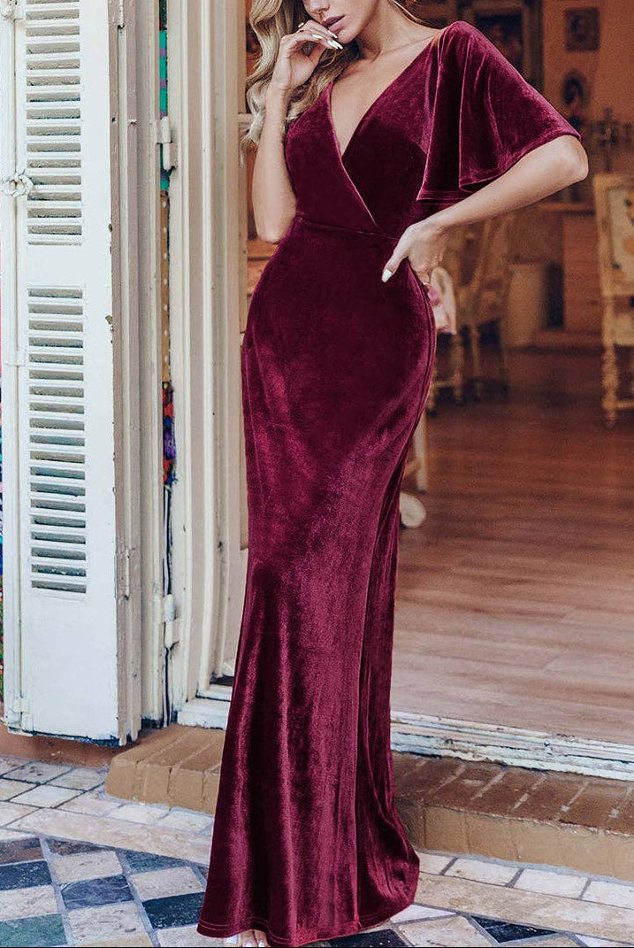 Velvet Flutter Sleeve Evening Gown