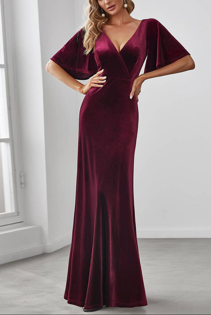 Velvet Flutter Sleeve Evening Gown