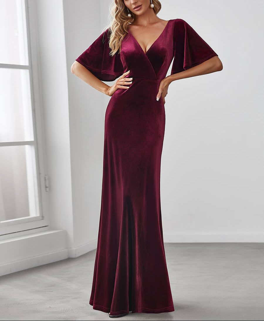Velvet Flutter Sleeve Evening Gown