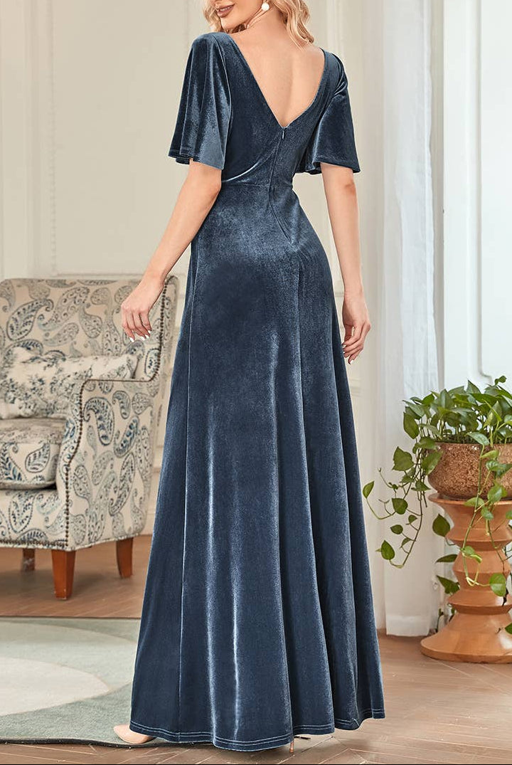 Velvet Flutter Sleeve Evening Gown