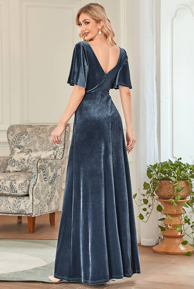 Velvet Flutter Sleeve Evening Gown