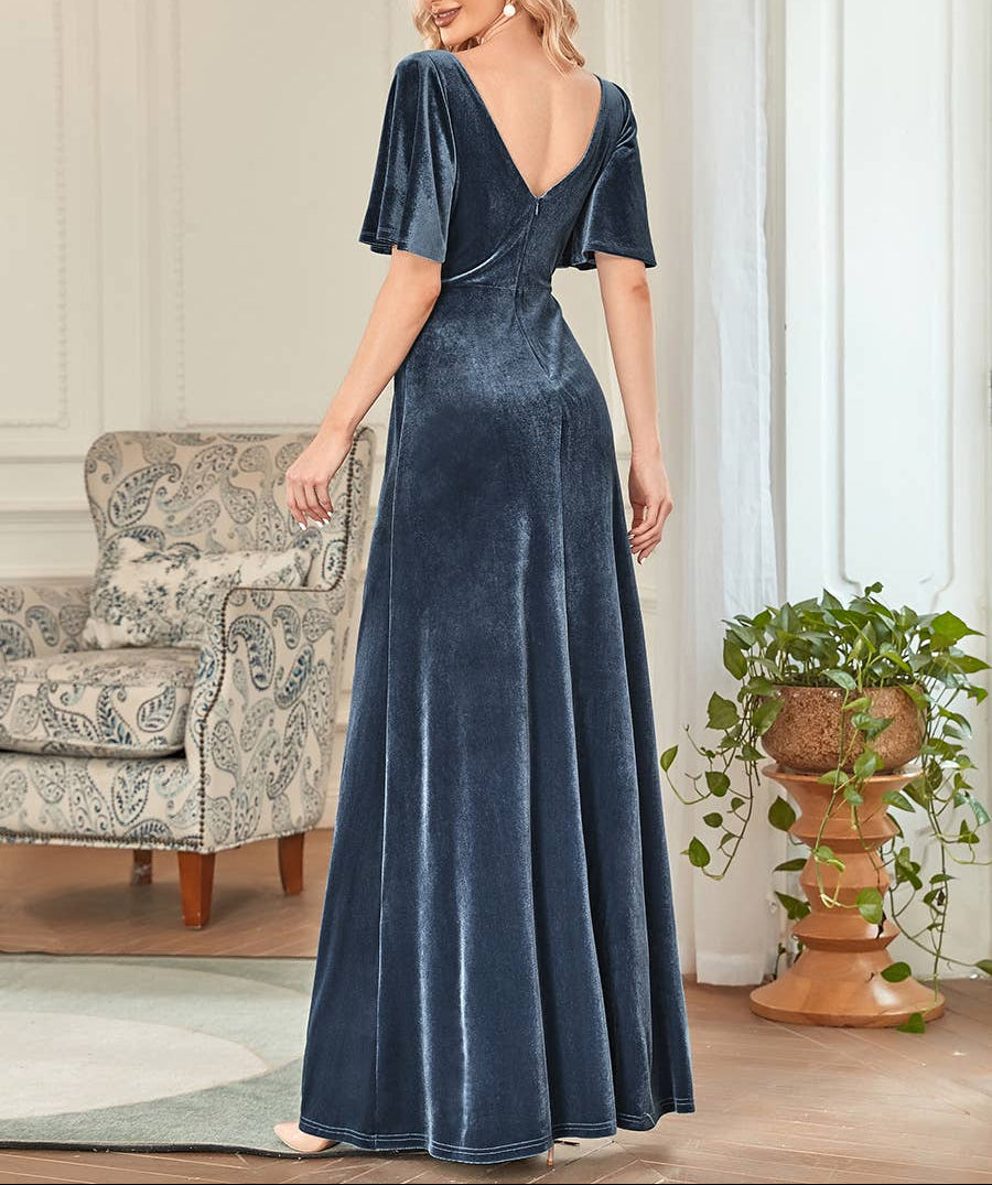 Velvet Flutter Sleeve Evening Gown