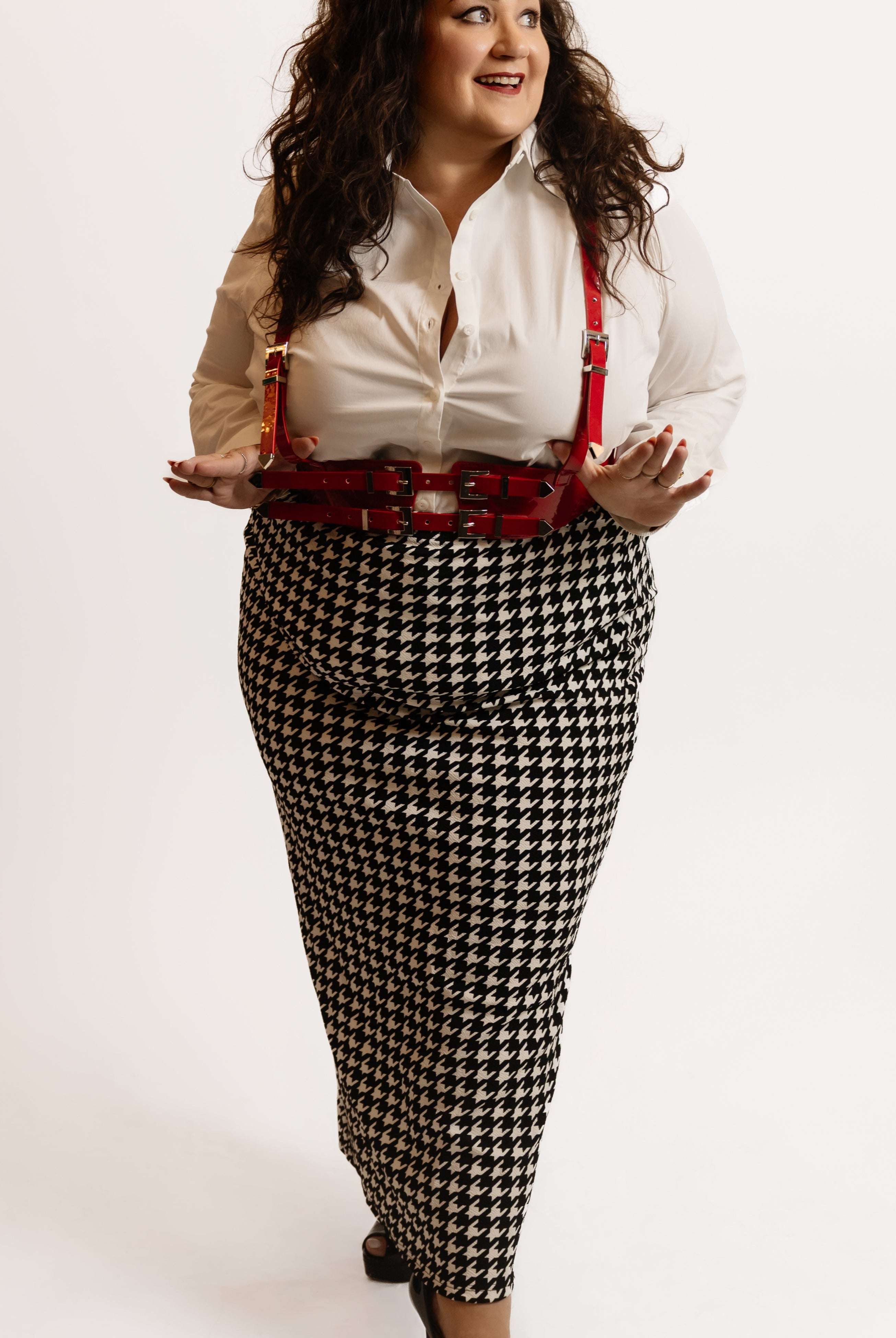 High-Waist Houndstooth Pencil Skirt