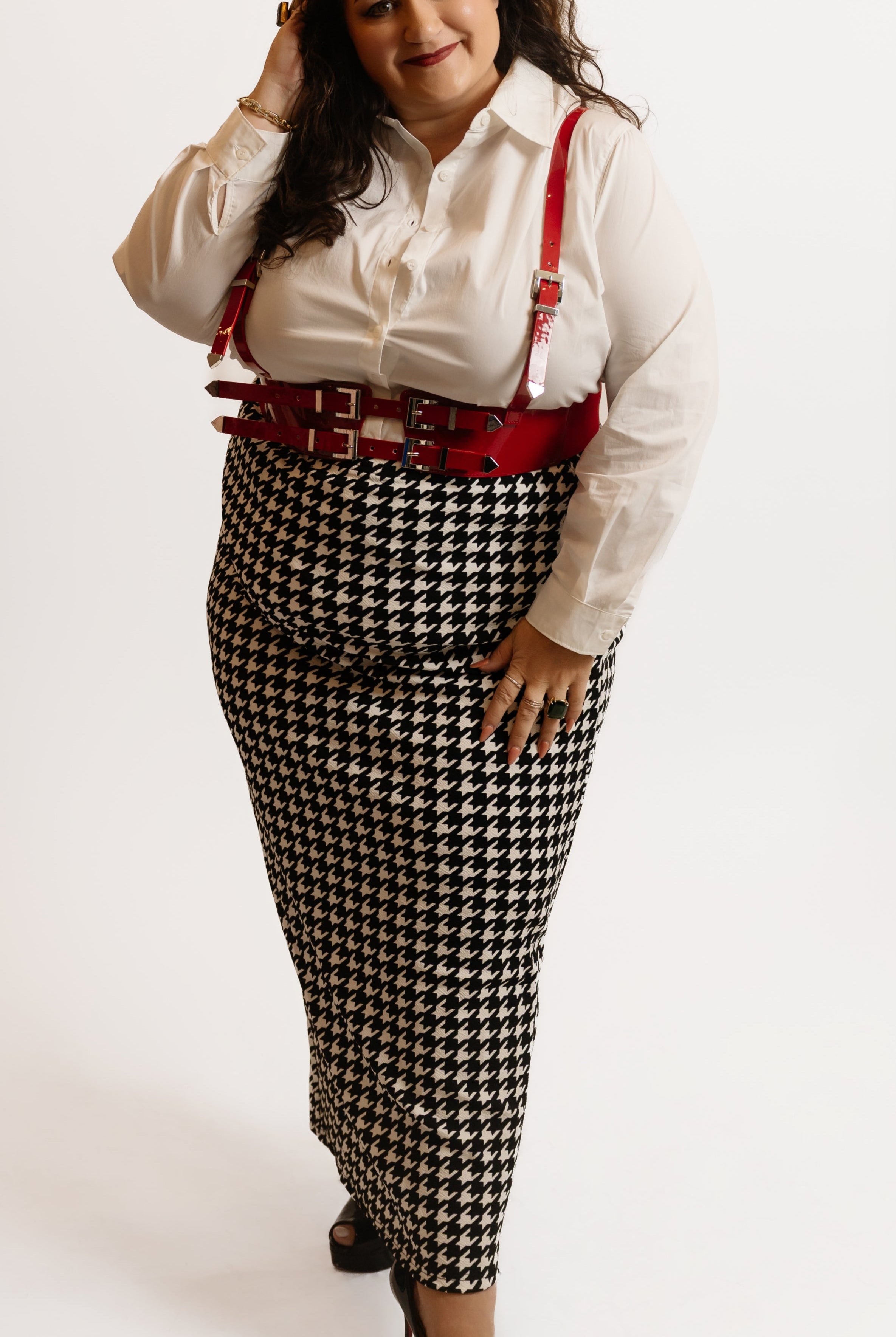 High-Waist Houndstooth Pencil Skirt