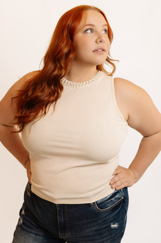 Sleeveless Pearl Trim Top
