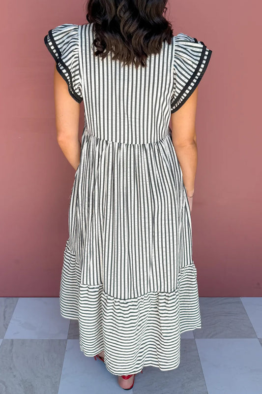 Black / White Flutter Sleeve V-Neck Maxi Dress