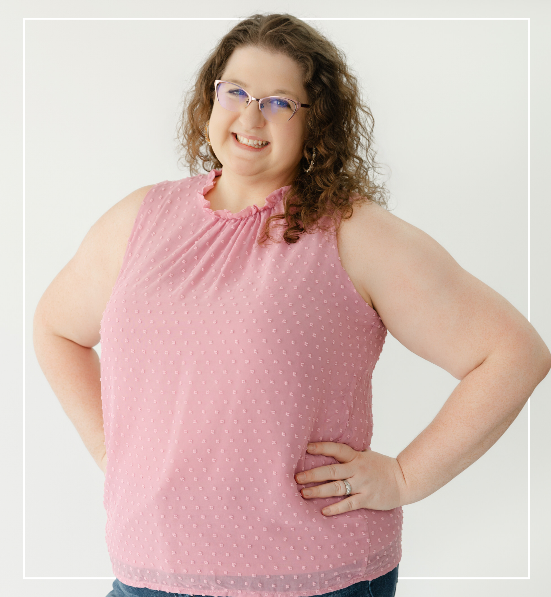 Woman wearing a pink sleeveless top with a white background | Staff - Emily | Harlow + James Boutique | West Des Moines, IA