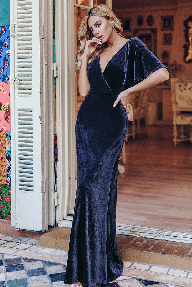 Velvet Flutter Sleeve Evening Gown