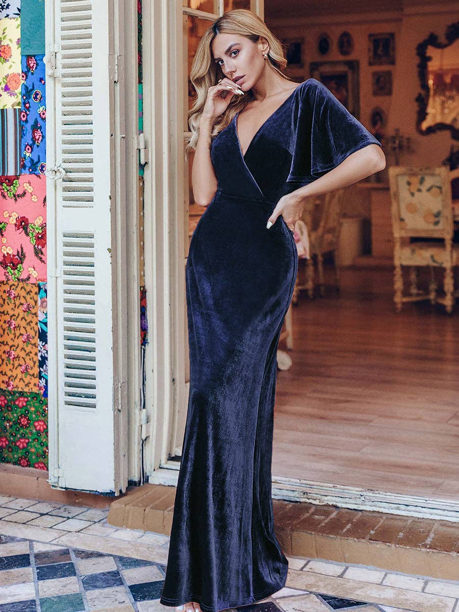 Velvet Flutter Sleeve Evening Gown