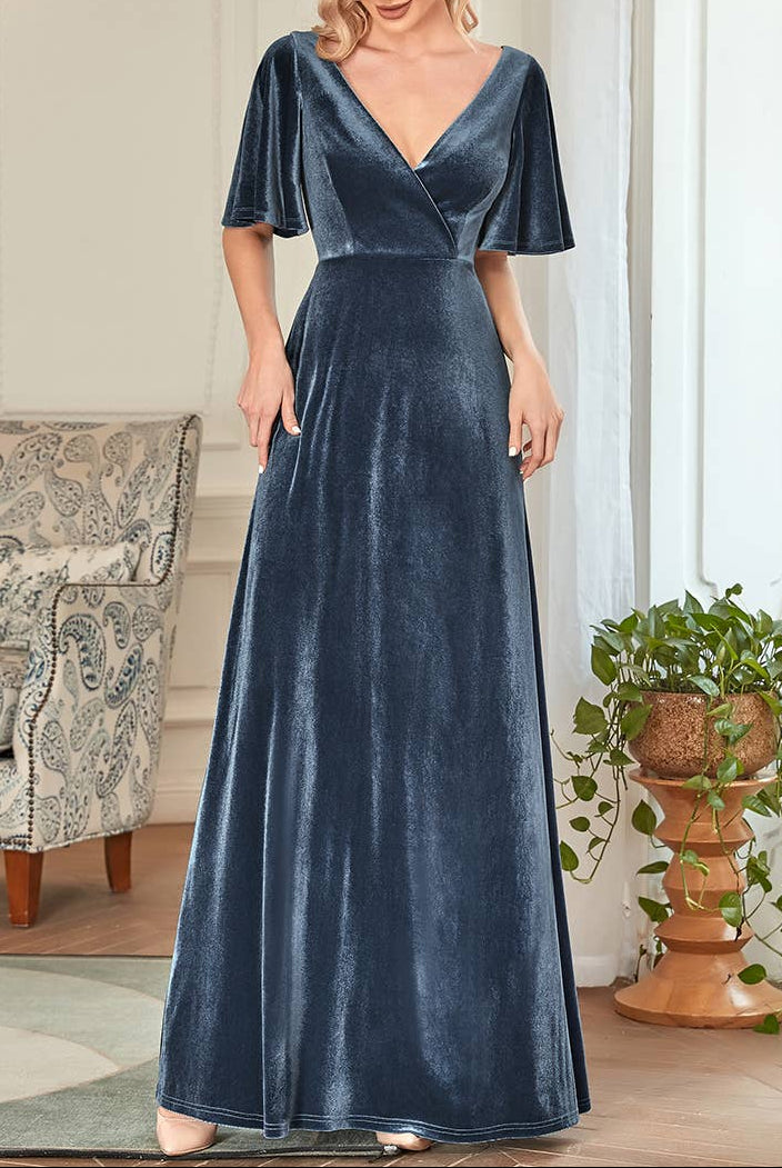 Velvet Flutter Sleeve Evening Gown