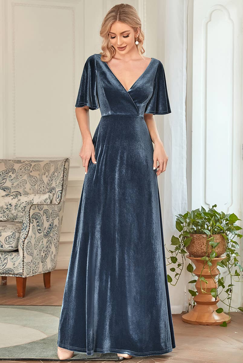 Velvet Flutter Sleeve Evening Gown