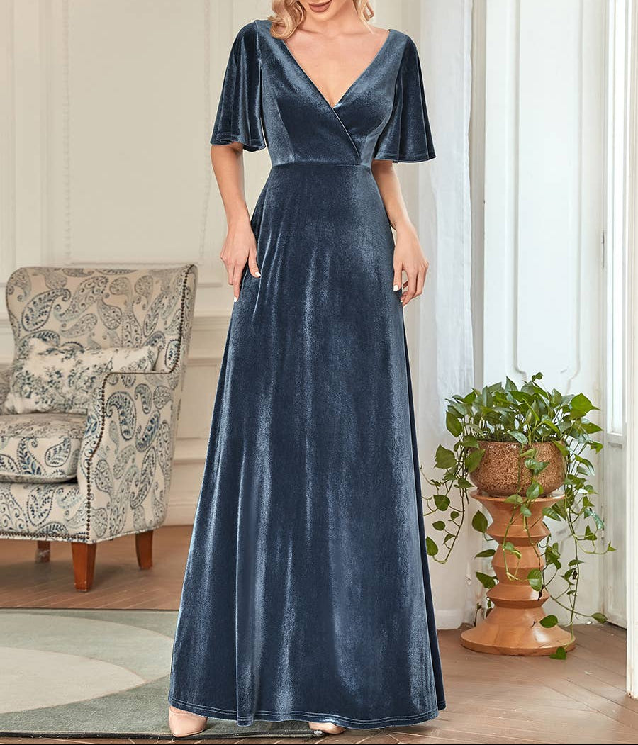 Velvet Flutter Sleeve Evening Gown