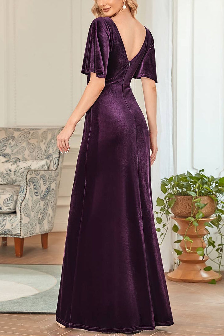 Velvet Flutter Sleeve Evening Gown