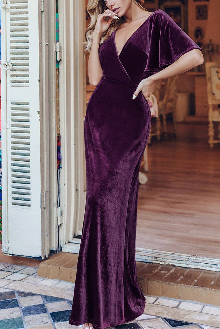Velvet Flutter Sleeve Evening Gown